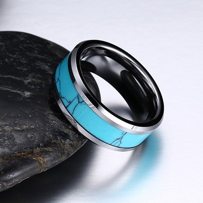 Bague turquoise en argent pour hommes avec tungstène argenté