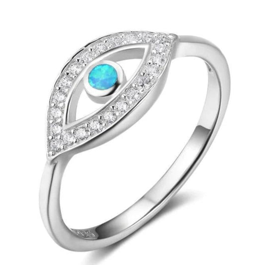 Blue Fire Opal Evil Eye Ring 925 Sterling Silver