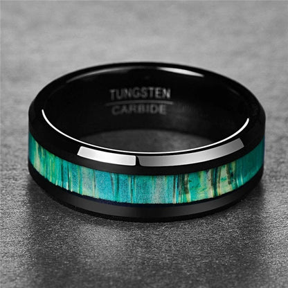 Bague en bois vert sertie de tungstène noir pour homme