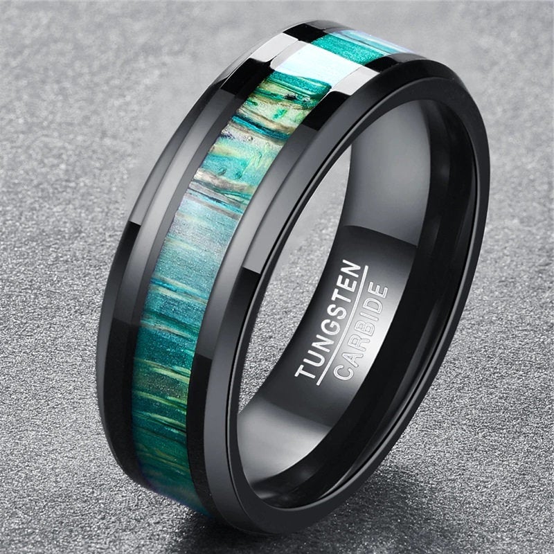 Green Wood Ring Set in Black Tungsten for Men