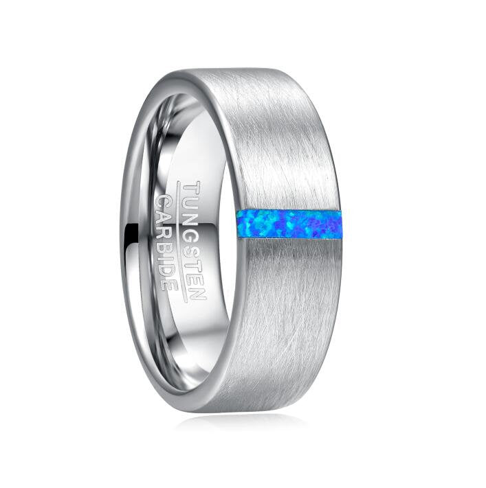 Men's Blue Fire Opal Wedding Ring in Silver Tungsten