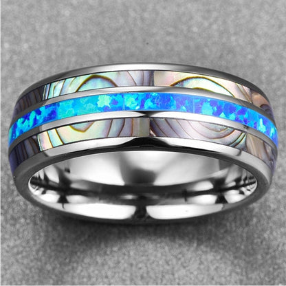 Blue Fire Opal Tungsten Ring with Abalone Shell