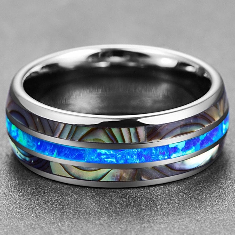 Blue Fire Opal Tungsten Ring with Abalone Shell