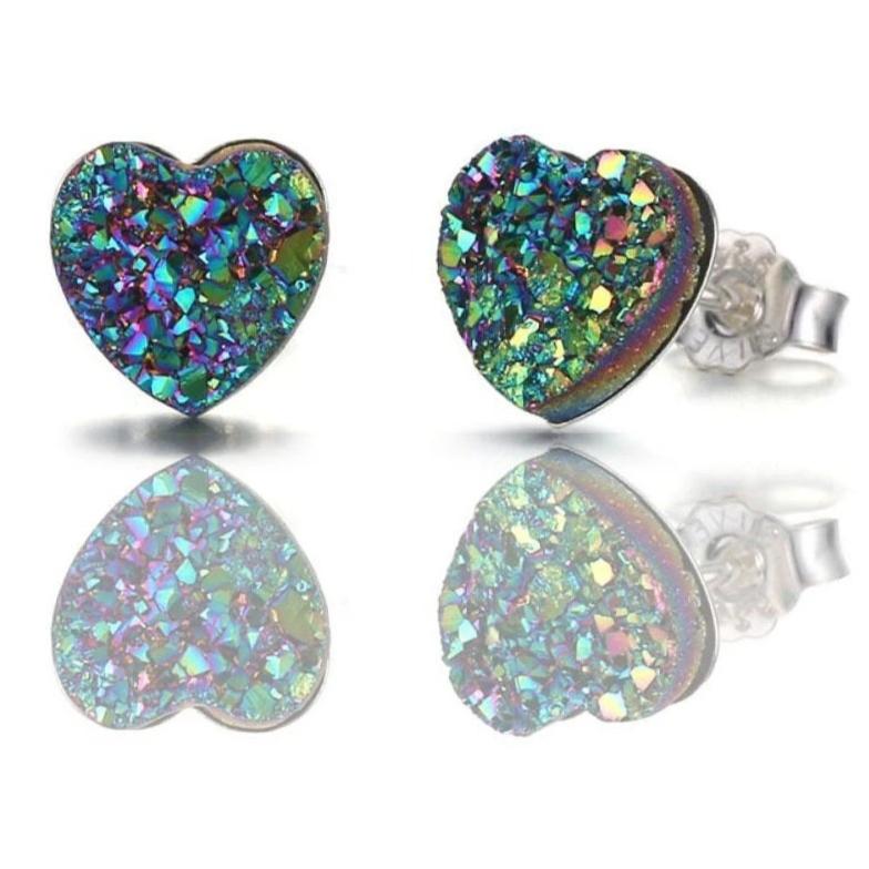 Rainbow Druzy Heart Sterling Silver Earrings