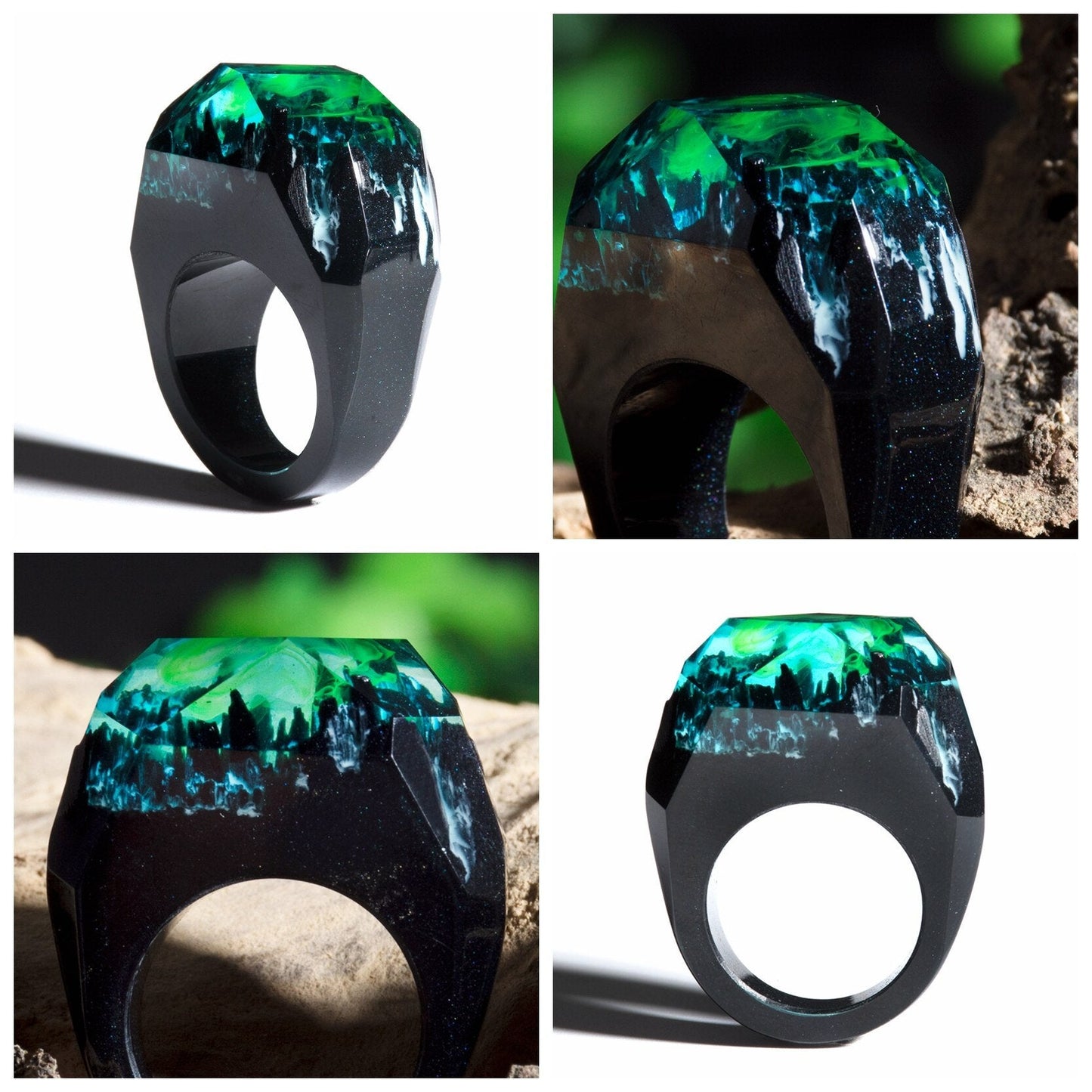 Secret World Nordlichter-Ring, magischer Aurora Borealis-Ring, Aurora-Ring, geheimer Holzring, Nachthimmel-Ring, klobiger Harzring handgefertigt