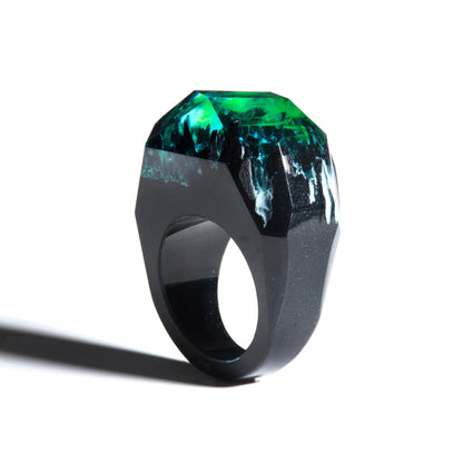 Secret World Nordlichter-Ring, magischer Aurora Borealis-Ring, Aurora-Ring, geheimer Holzring, Nachthimmel-Ring, klobiger Harzring handgefertigt