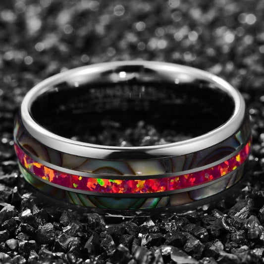 Pink Opal Ring with Abalone Shell in a Tungsten Band