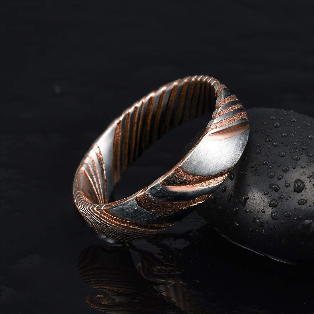 Rose Gold Men's Damascus Steel Ring in 6mm