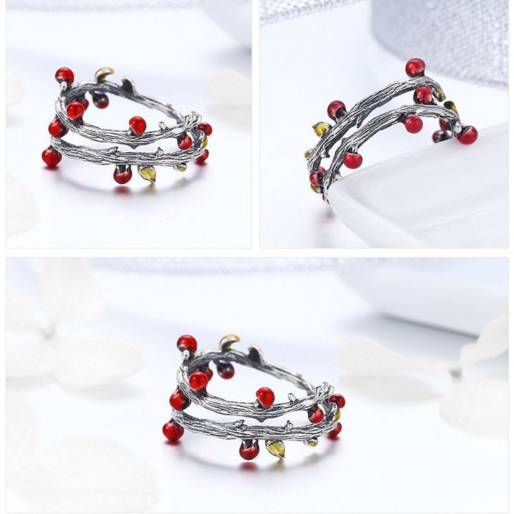 Tree Branch Ring with Red Berries in 925 Sterling Silver