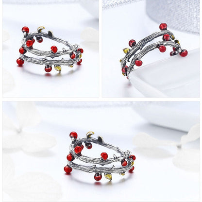 Bague branche d'arbre avec baies rouges en argent sterling 925