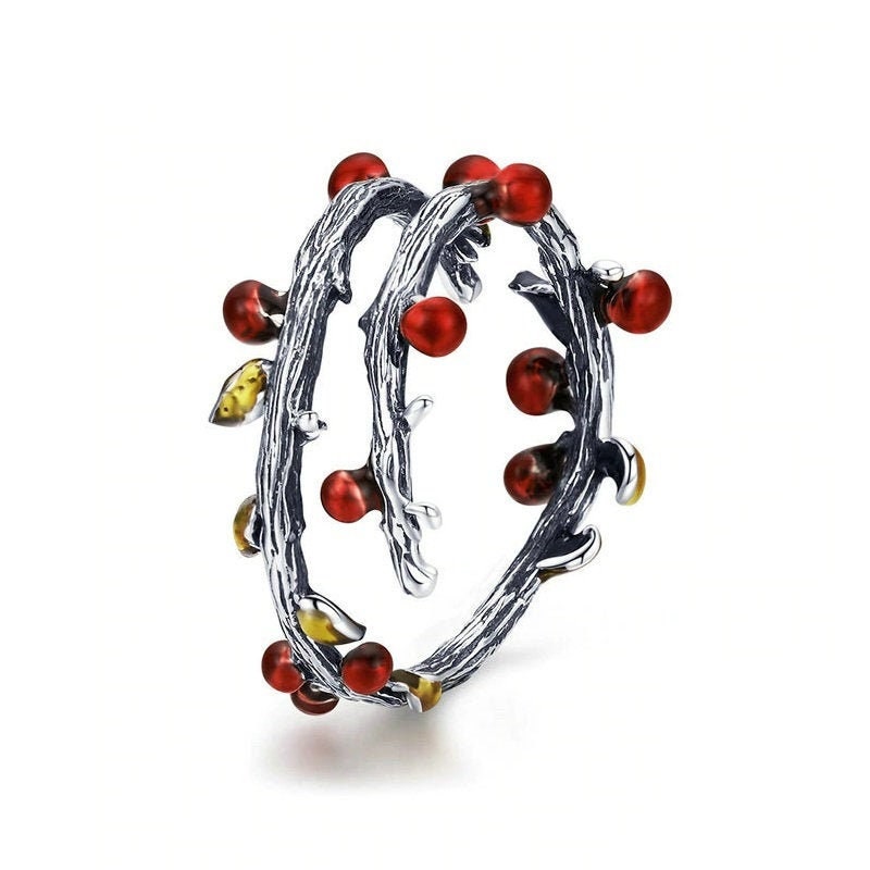 Bague branche d'arbre avec baies rouges en argent sterling 925