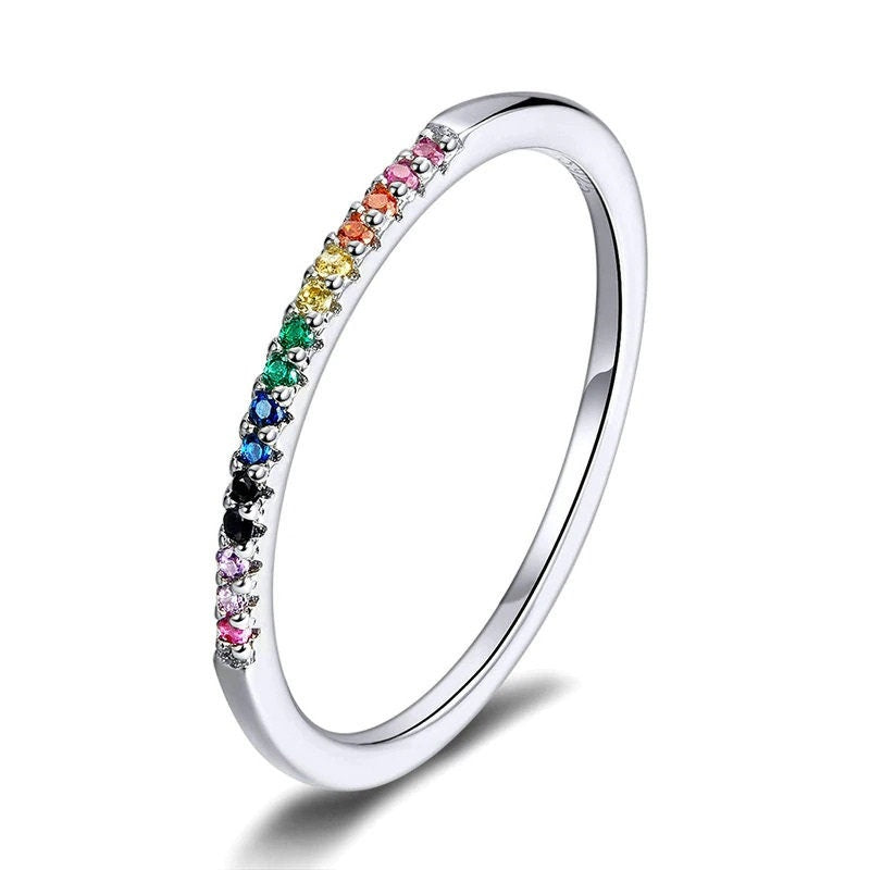 Bague empilable arc-en-ciel en argent sterling 925 délicate