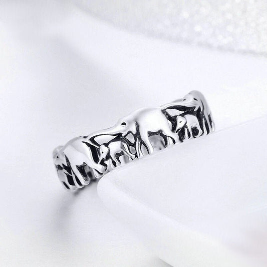 Elephant Family 925 Sterling Silver Ring