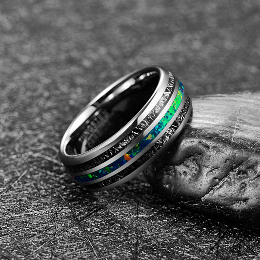 Opal Men's Ring with Meteorite Inlay