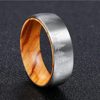 Bague forêt en tungstène avec bois véritable pour hommes