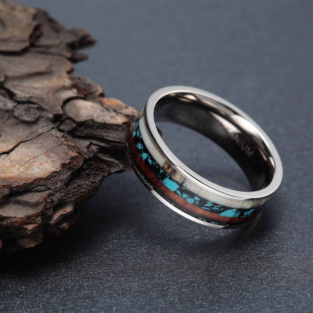 Turquoise Deer Antler &amp; Koa Wood Inlay Titanium Wedding Ring Mens Titanium Ring Gemstone Inlay Ring Real Wood Inlay Ring Antler Inlay Ring