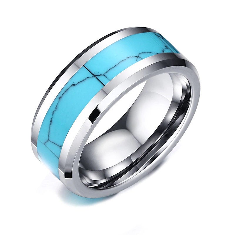 Bague turquoise en argent pour hommes avec tungstène argenté