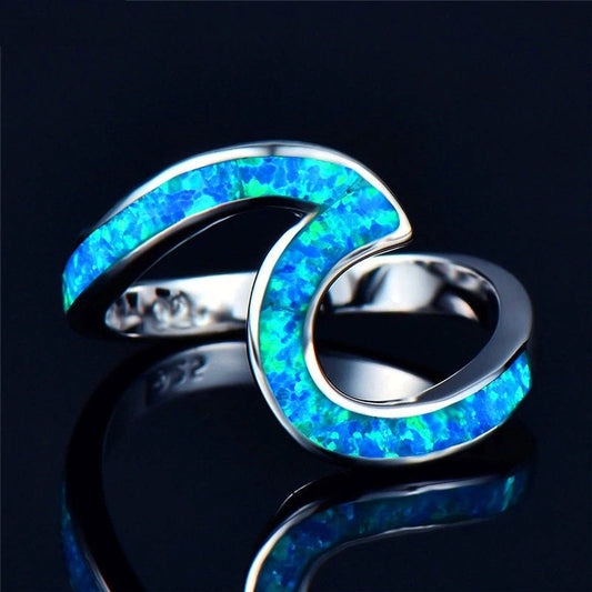 Bague vague en argent sterling 925 avec opale de feu bleue