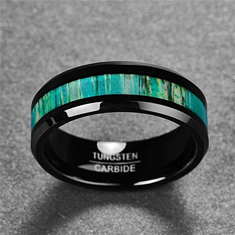 Bague en bois vert sertie de tungstène noir pour homme