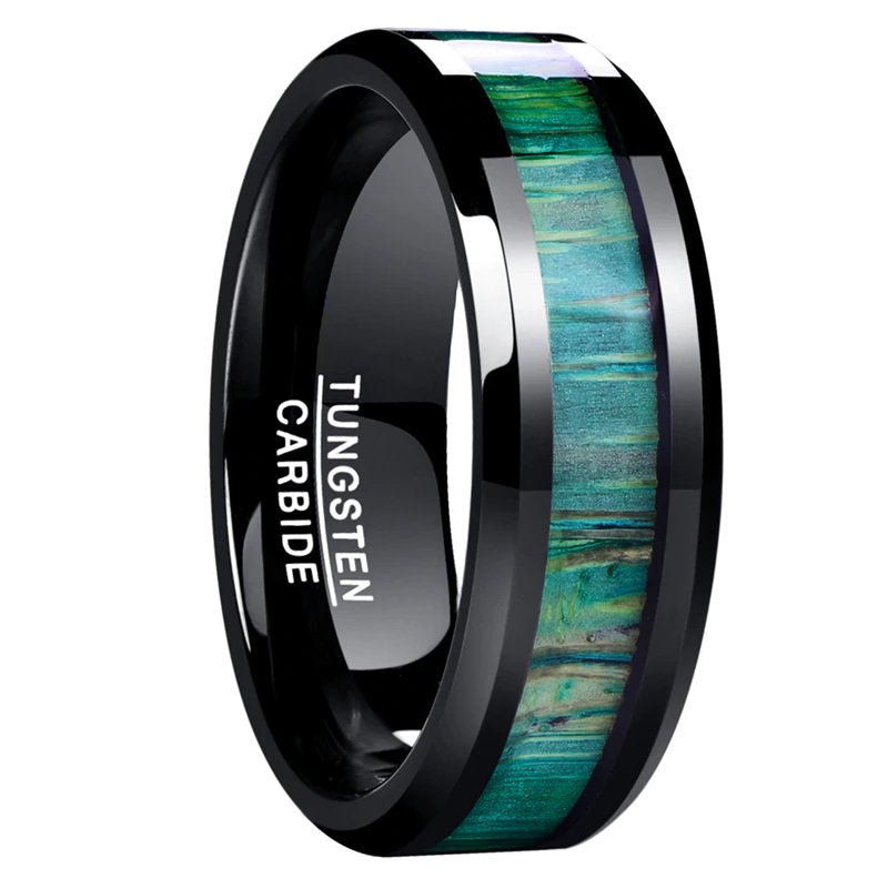 Bague en bois vert sertie de tungstène noir pour homme