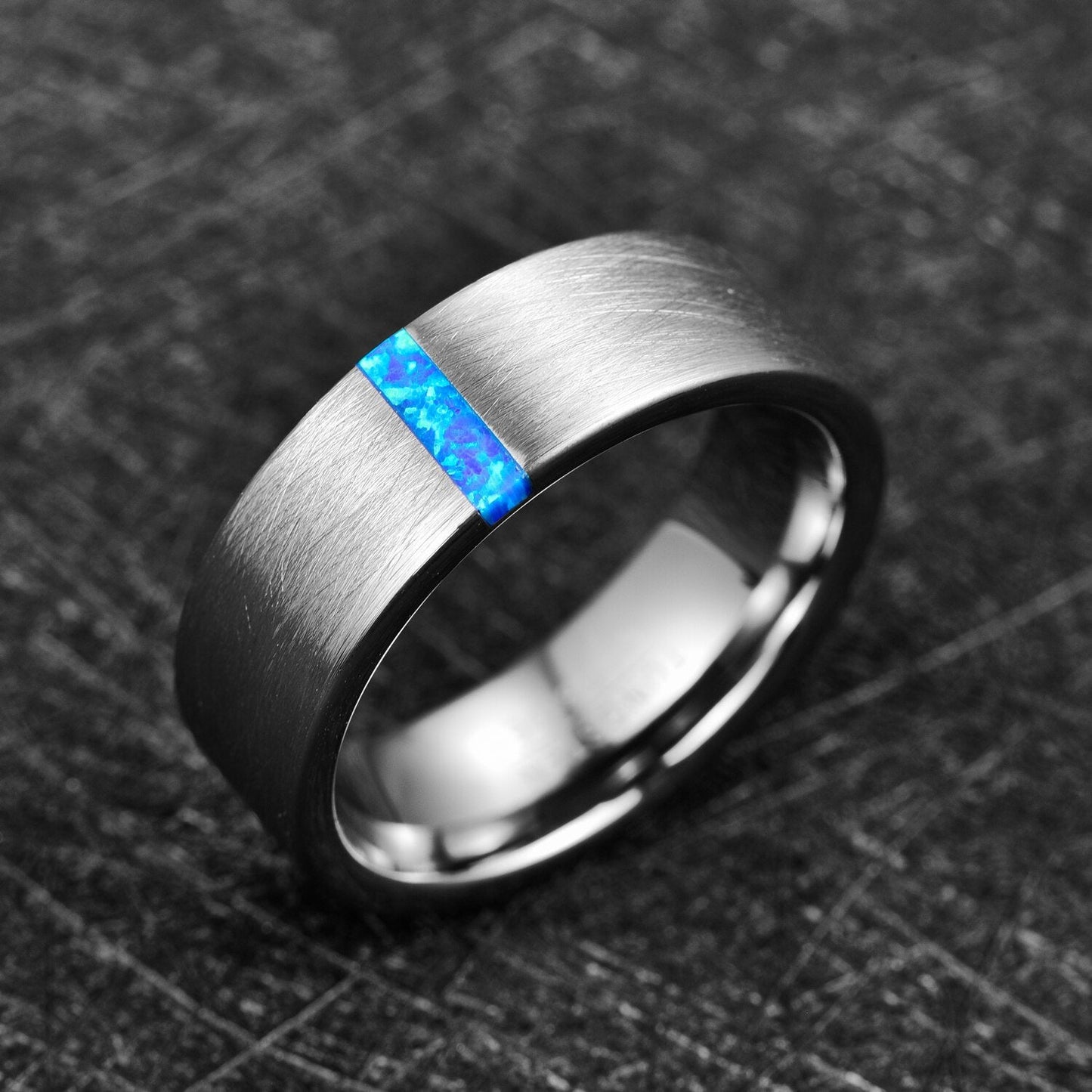 Men's Blue Fire Opal Wedding Ring in Silver Tungsten