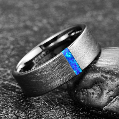 Men's Blue Fire Opal Wedding Ring in Silver Tungsten