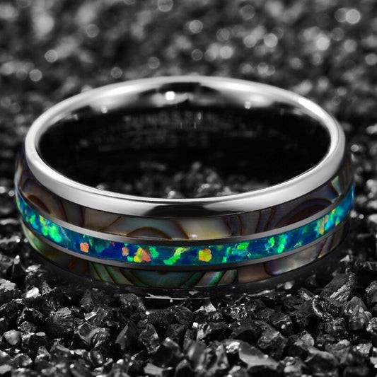 Rainbow Fire Opal Wedding Ring with Abalone Shell in Tungsten