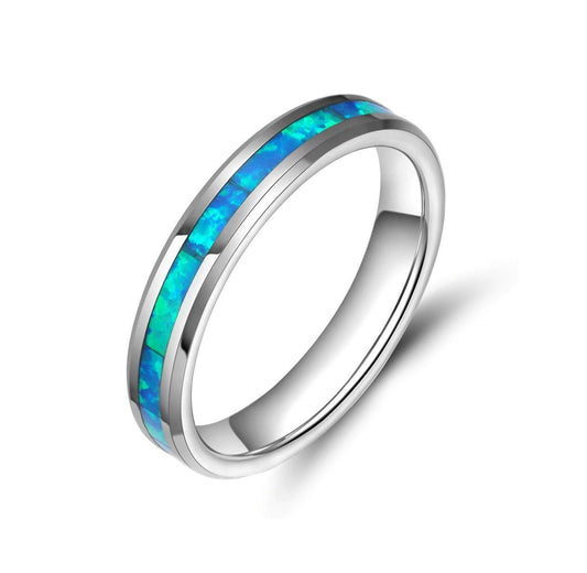 Women's Fire Opal Wedding Ring in Silver Tungsten Band