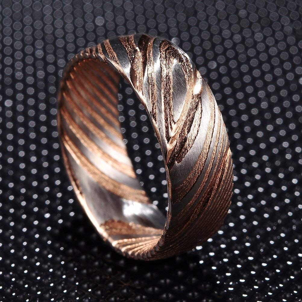 Rose Gold Damascus Steel Ring in 8mm