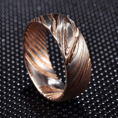 Rose Gold Damascus Steel Ring in 8mm