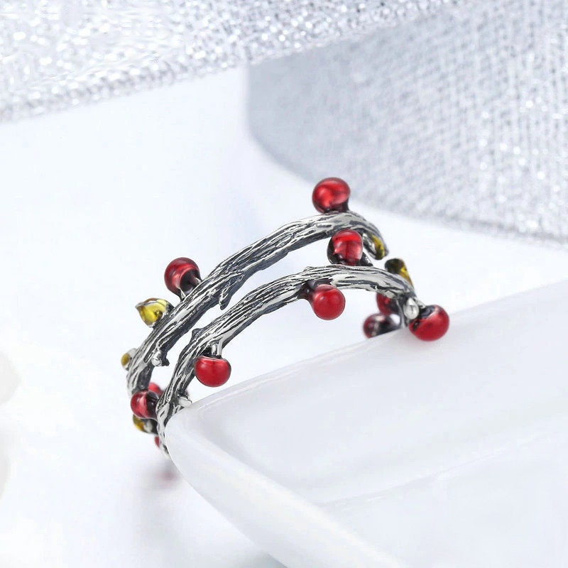 Tree Branch Ring with Red Berries in 925 Sterling Silver