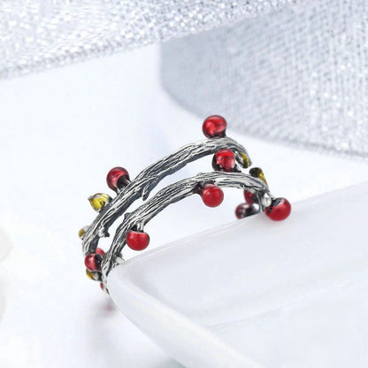 Bague branche d'arbre avec baies rouges en argent sterling 925