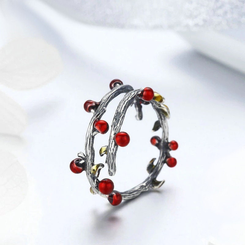 Bague branche d'arbre avec baies rouges en argent sterling 925