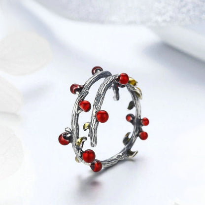 Bague branche d'arbre avec baies rouges en argent sterling 925