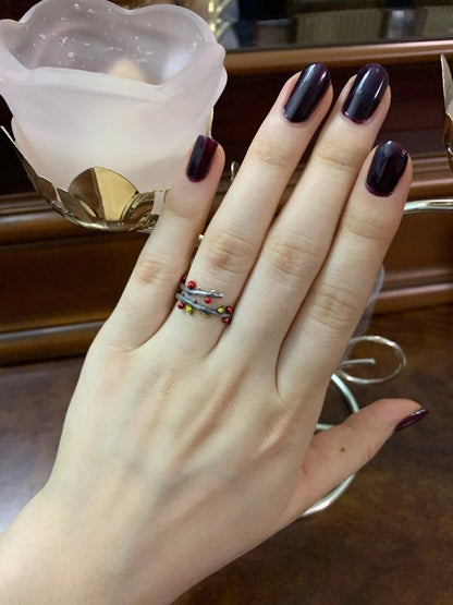 Tree Branch Ring with Red Berries in 925 Sterling Silver