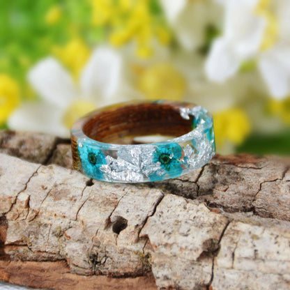 Bague Argent et Bois Fleurs Bleues