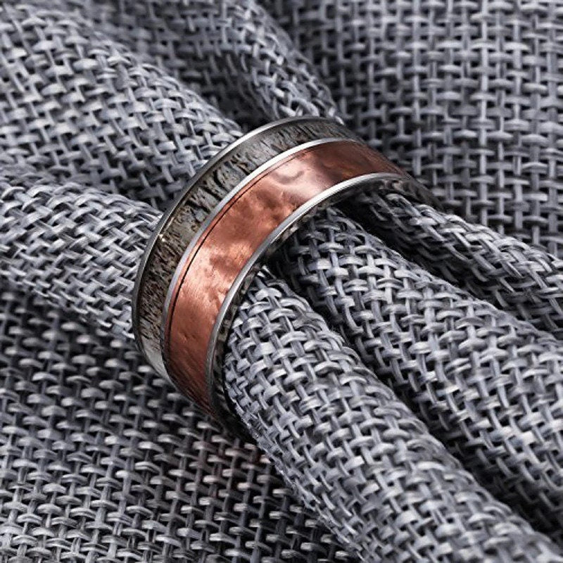 Titanium Deer Antler & Forged Copper Wedding Ring