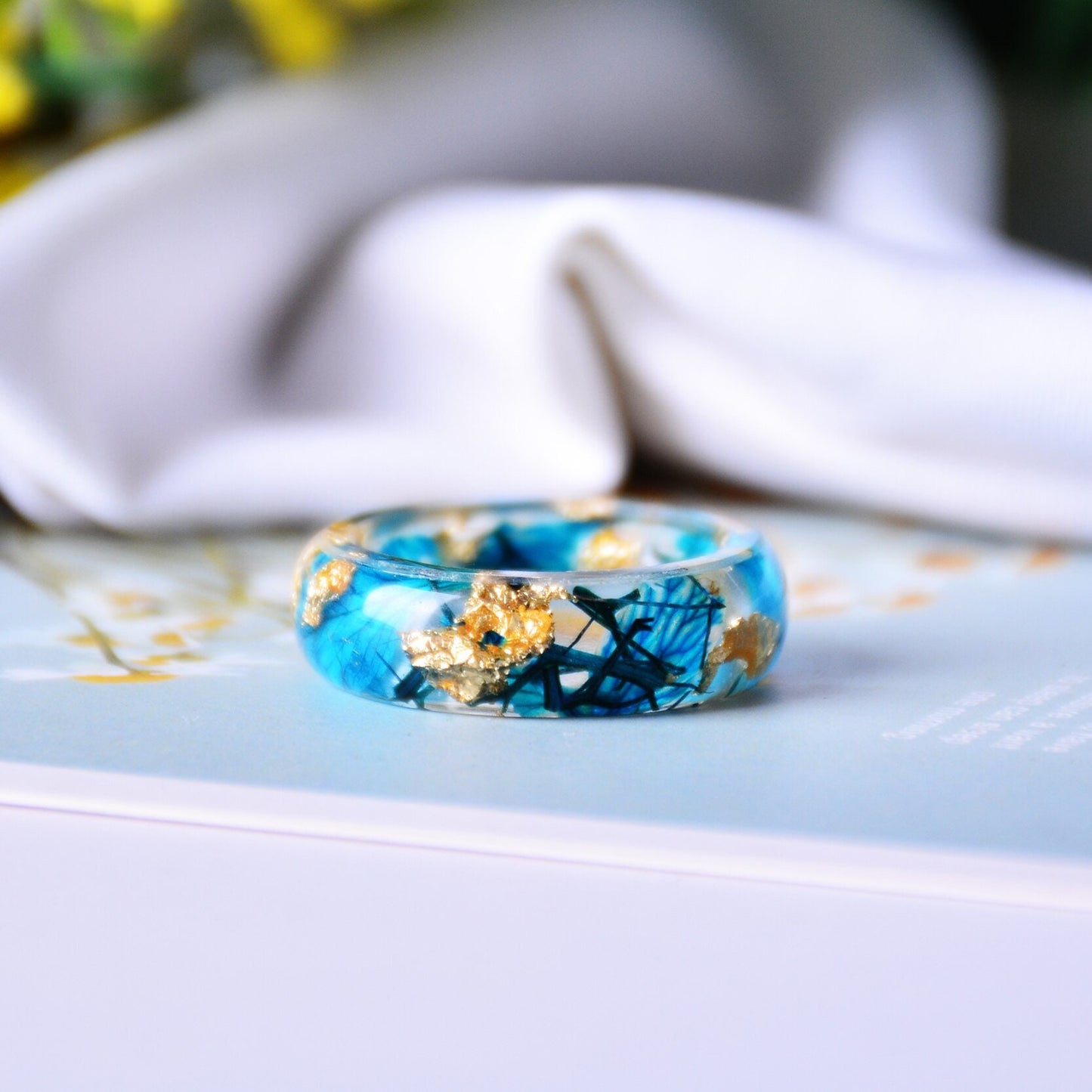 Turquoise & Blue Flowers Botanical Ring