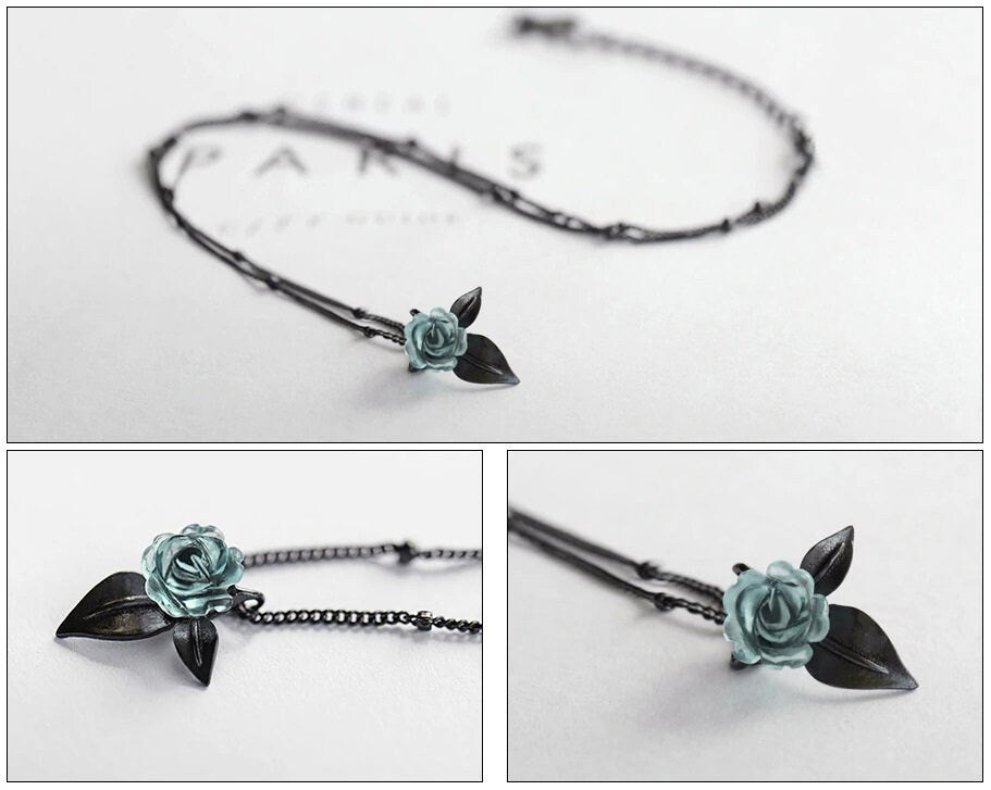 Collier en argent sterling 925 avec rose bleue