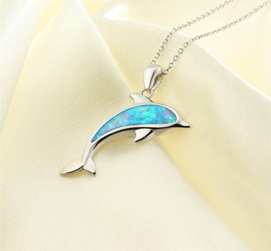 Silver Dolphin Necklace with Opal