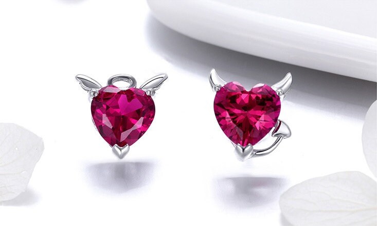 Angel & Devil Heart Studs in 925 Sterling Silver