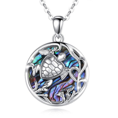 Sea Turtle Rainbow Paua Shell Pendant in 925 Sterling Silver