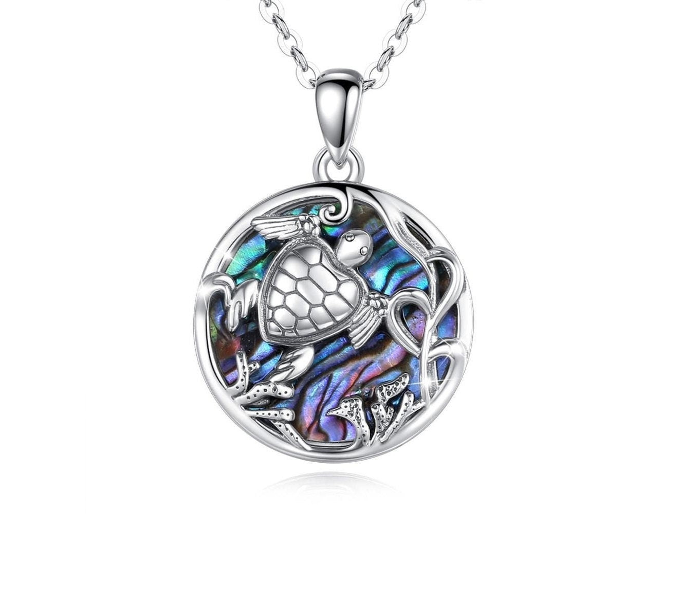 Sea Turtle Rainbow Paua Shell Pendant in 925 Sterling Silver