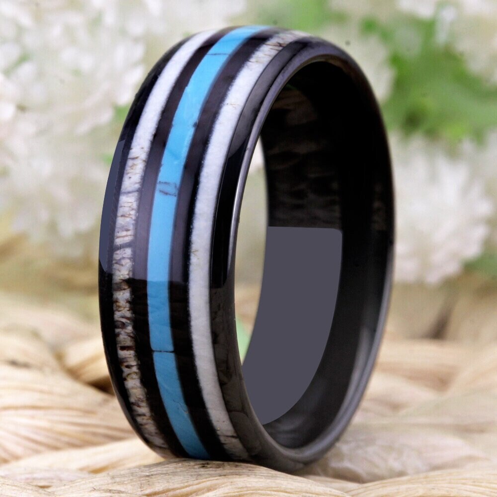 Deer Antler Wedding Band with Turquoise Inlay