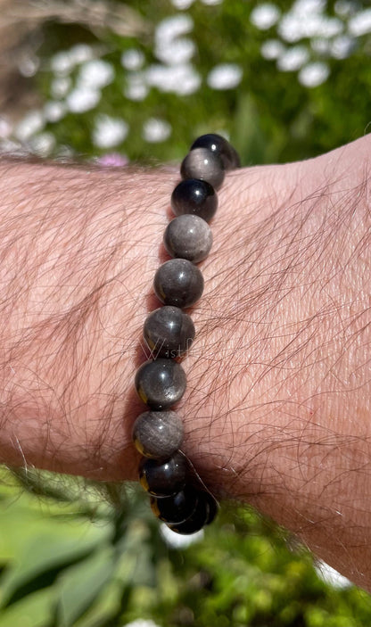 Silber glänzendes Obsidian-Armband