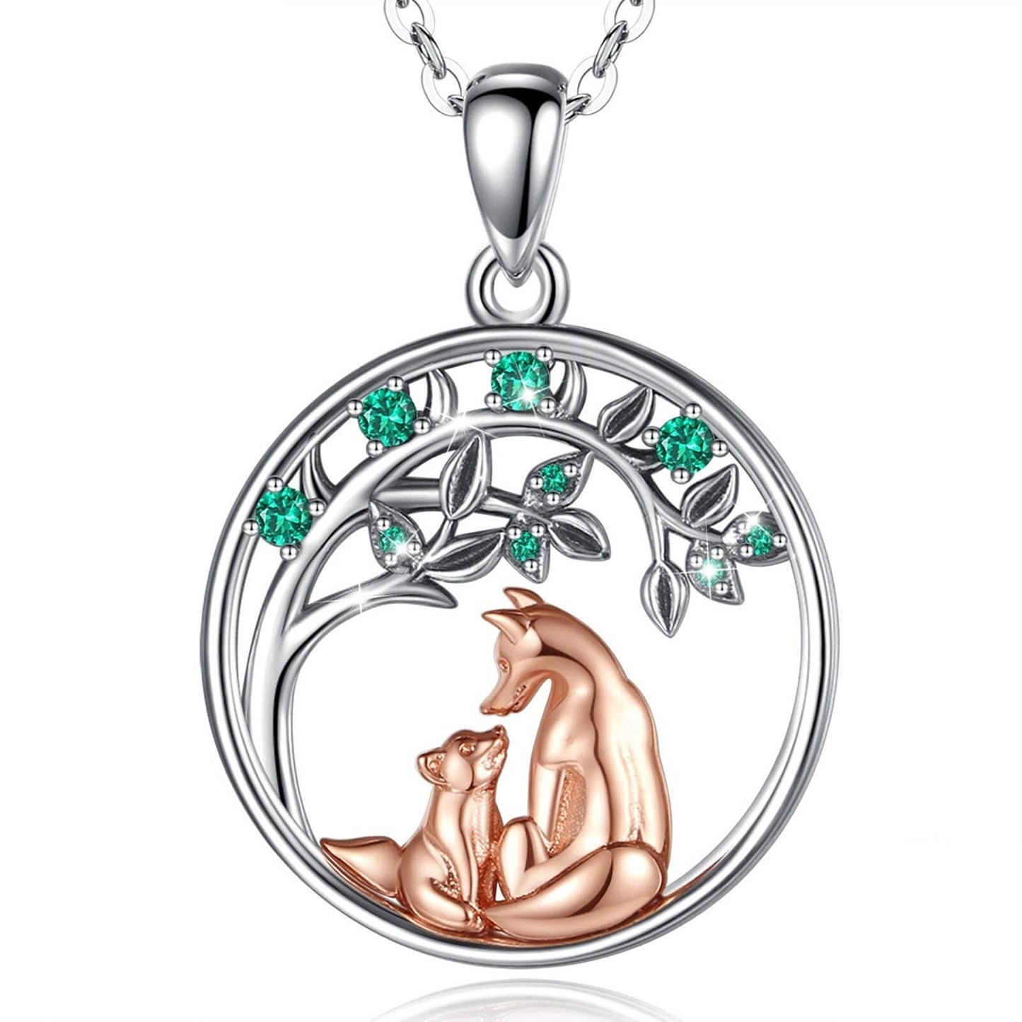 Collier arbre de vie renard mère et fille en argent sterling 925