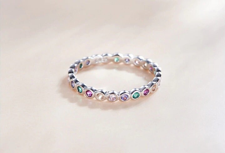 Dainty Rainbow Stone Ring in 925 Sterling Silver