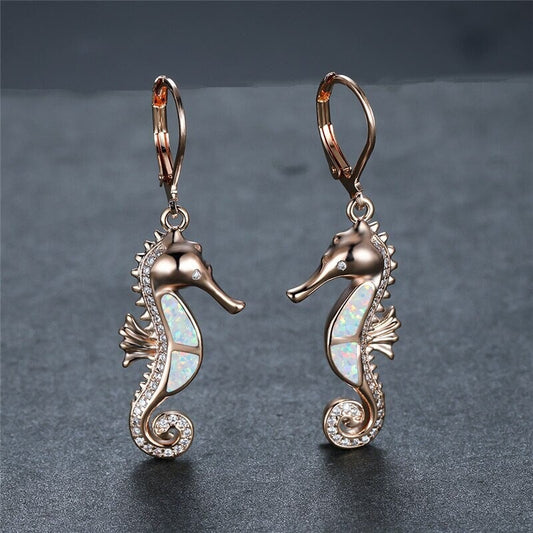 Rose Gold Opal Seahorse Earrings