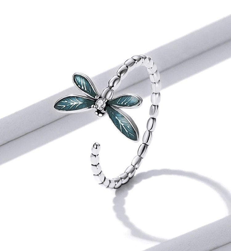 Green Dragonfly 925 Sterling Silver Ring