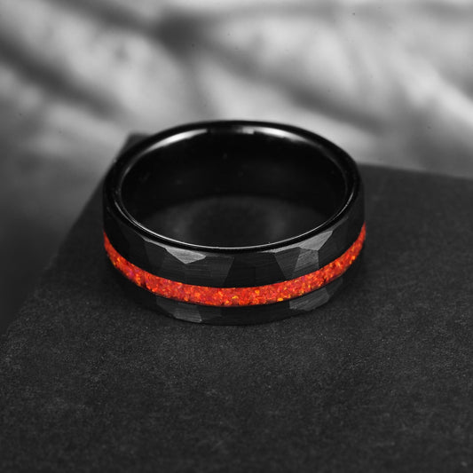 Bague Opale de Feu Rouge en Tungstène Noir